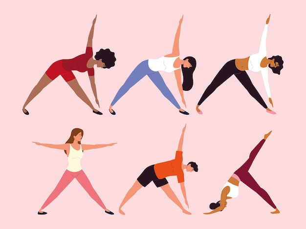 Personas diferentes ejercicios de posturas de yoga.