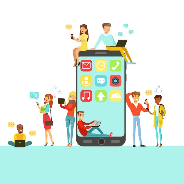 Personas con diferentes gadgets modernos que usan redes sociales alrededor de personajes de dibujos animados de teléfonos inteligentes gigantes