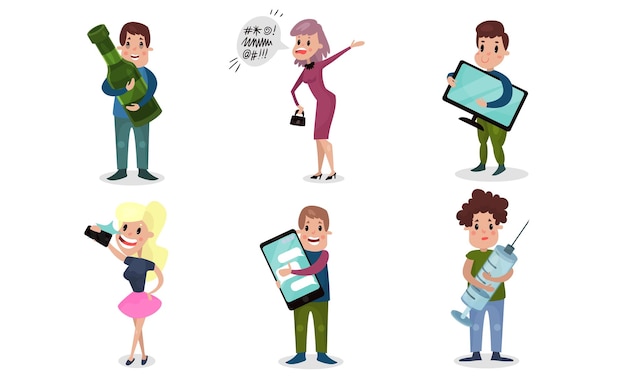 Personas con diferentes malos hábitos y tipos de comportamiento Vicios y adicciones embriaguez lenguaje grosero drogas teléfonos móviles Vector Ilustración personaje de dibujos animados aislado sobre fondo blanco