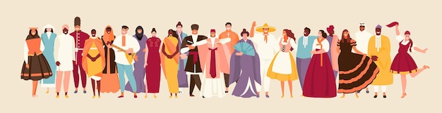 Vector personas de diferentes nacionalidades en trajes tradicionales ilustración de vector de sociedad multicultural