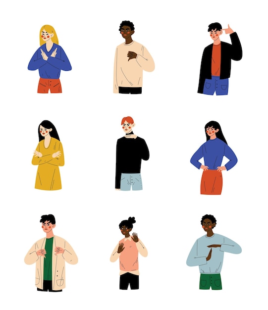 Vector personas de diferentes naciones que muestran varios gestos junto a hombres y mujeres jóvenes que hacen gestos negativos ilustración vectorial