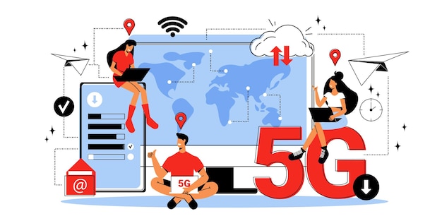 Personas de diferentes países que usan internet inalámbrico 5g plano.