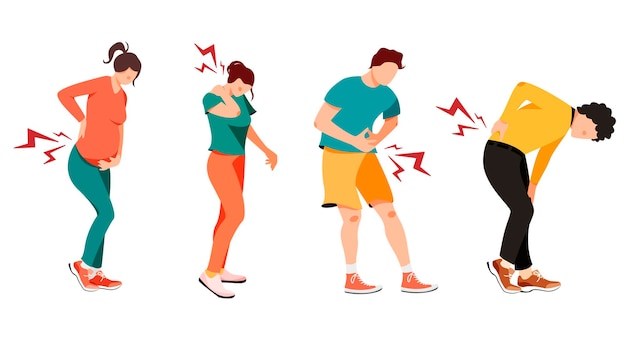 personas con diferentes síntomas de dolor en diseño plano