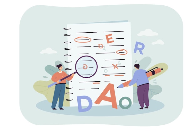 Vector personas diminutas corrigiendo errores gramaticales y de puntuación en el texto. corrección de errores en la ilustración vectorial plana de la escuela o la universidad. concepto de educación para banner, diseño de sitio web o página web de inicio