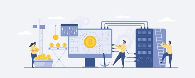 Las personas diminutas que minan Bitcoin obtienen bitcoins. E inversión en tecnología digital. vector de ilustración
