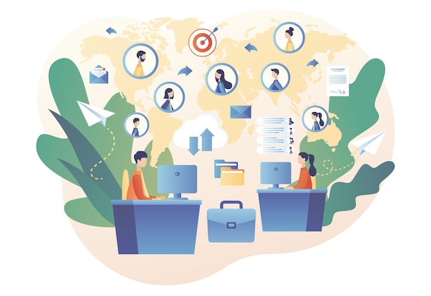 Personas diminutas de todo el mundo que se conectan y trabajan en línea Trabajo remoto Trabajar desde casa