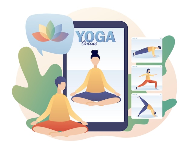 Personas diminutas viendo clases en línea practicando la meditación de hatha yoga con la aplicación para teléfonos inteligentes Yoga