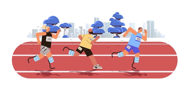 Personas discapacitadas corriendo rápido atleta corredor con prótesis de carbono juegos olímpicos especiales concepto horizontal