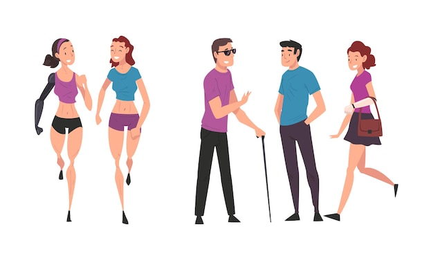Personas discapacitadas Personaje pasando un buen rato con sus amigos Conjunto vectorial