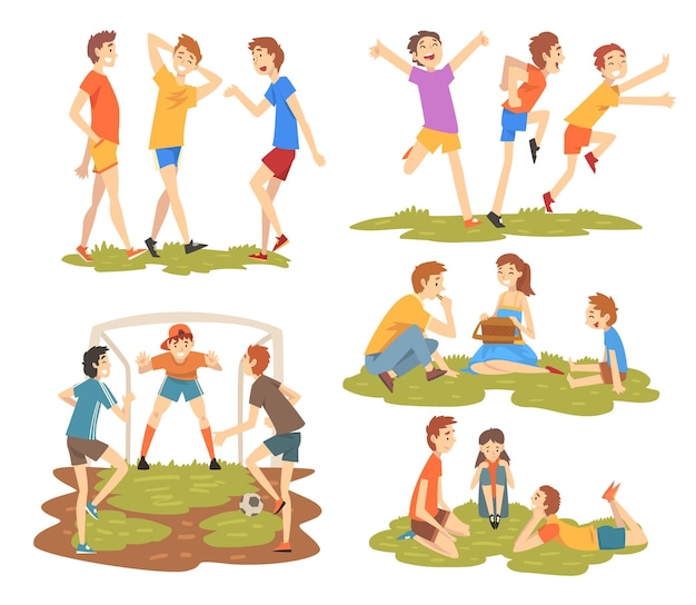 Personas disfrutando del verano caminando teniendo picnic y jugando al fútbol