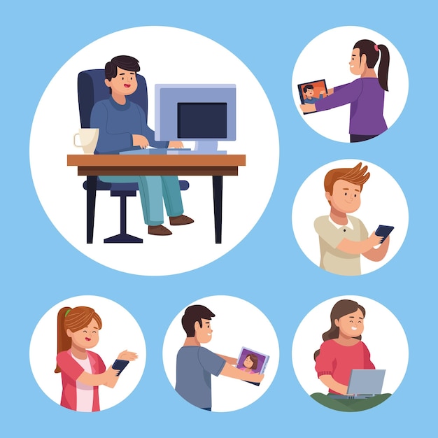 Personas con dispositivo en la colección de símbolos de video chat