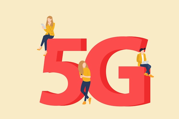 Vector las personas con dispositivos utilizan el concepto de internet de alta velocidad de conectividad de próxima generación de red 5g