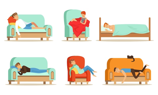 Personas durmiendo en diferentes posiciones en el hogar Ilustraciones vectoriales