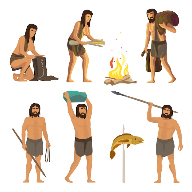 Vector personas de la edad de piedra con herramientas y fuego