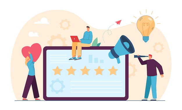 Personas de la empresa que estudian análisis y comentarios de los clientes. Gestión de SEO, ilustración de vector plano de marketing digital. Reputación de marca, concepto de medios sociales para banner, diseño de sitio web o página de destino