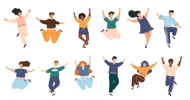 Personas enérgicas felices en poses libres ponen a hombres y mujeres jóvenes positivos volando bailando y saltando