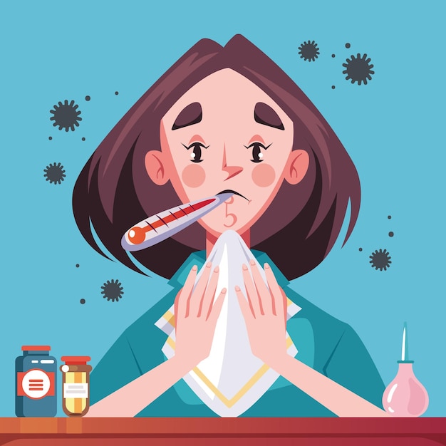 Personas enfermas de resfriado y gripe con termómetro en la boca concepto de elemento de diseño gráfico plano