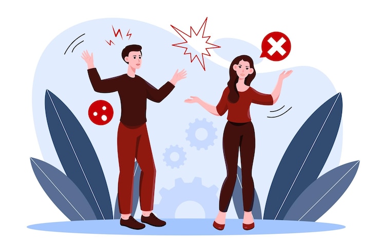 Vector las personas se entienden mal el uno al otro el hombre y la mujer tienen dificultades de comunicación conflicto y escándalo mala comunicación malas relaciones en el equipo ilustración de vector plano