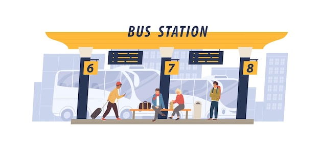 Personas con equipaje esperando el transporte interurbano en la estación de autobuses. Hombres y mujeres sentados en un banco y parados en la terminal internacional. Ilustración de vector plano coloreado aislado sobre fondo blanco