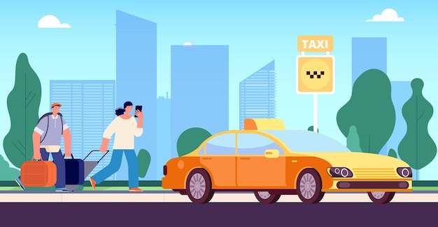 Las personas con equipaje van a la parada de taxis Transferencia de transporte urbano para turistas Coche amarillo en el paisaje de la ciudad servicio de transporte urbano ilustración vectorial