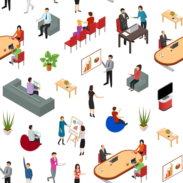 Personas y equipos de coworking Patrón sin costura 3d Fondo en un blanco Vista isométrica Concepto de comunicación corporativa Ilustración vectorial del equipo creativo de compañeros de trabajo