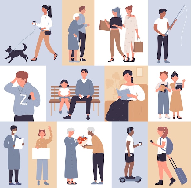 Personas en escenas de actividades de estilo de vida establecen mujer hombre pasear perro escuchar música ir de compras