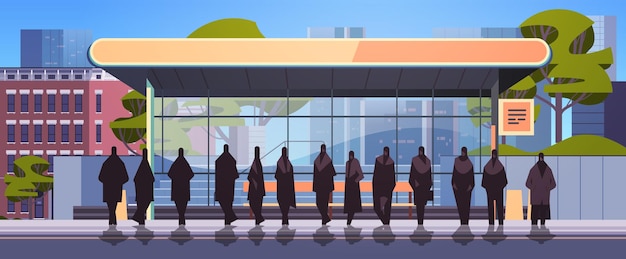 Personas en la estación de autobuses de transporte público concepto de movimiento cómodo ilustración de vector de fondo de paisaje urbano horizontal