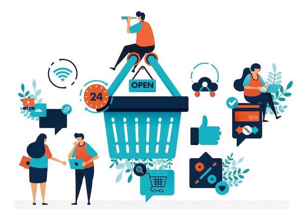 Las personas están alrededor de la canasta de compras para obtener promociones y descuentos. Nivel de satisfacción del usuario con el pulgar y el amor.