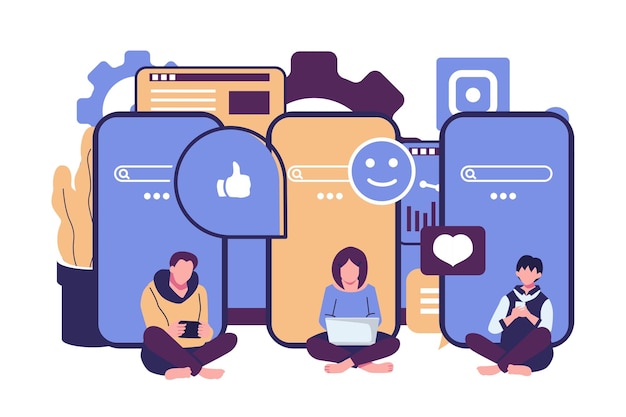 las personas están conectadas a Internet y a las redes sociales ilustración plana