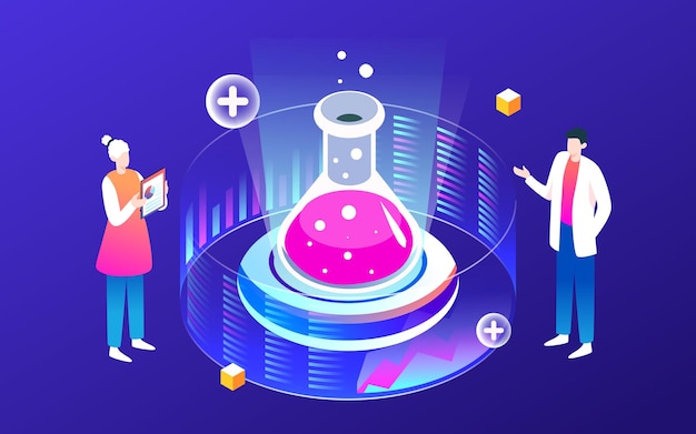 Las personas están desarrollando nuevas drogas tecnología tratamiento médico vector ilustración isométrica