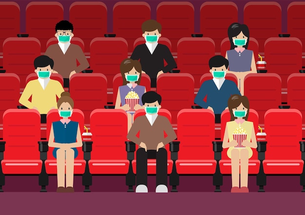 Personas en el estilo de vida del cine después de la pandemia de coronavirus