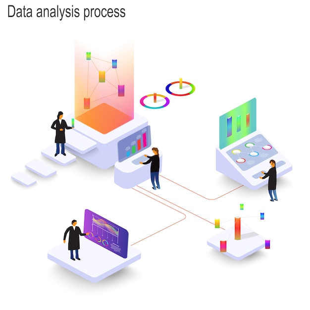 Las personas estudian procesos dinámicos en gráficos y diagramas. Infografía isométrica 3d
