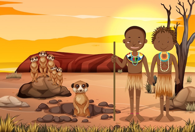 Vector personas étnicas de tribus africanas en ropa tradicional en el fondo de la naturaleza