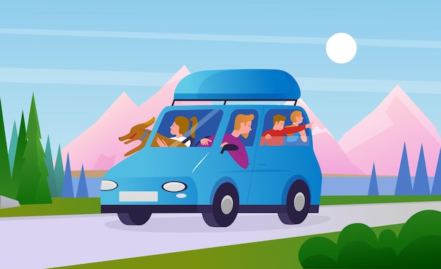 Vector las personas de la familia viajan en automóvil, los viajeros, el padre, la madre, los hijos y el perro en el vehículo.