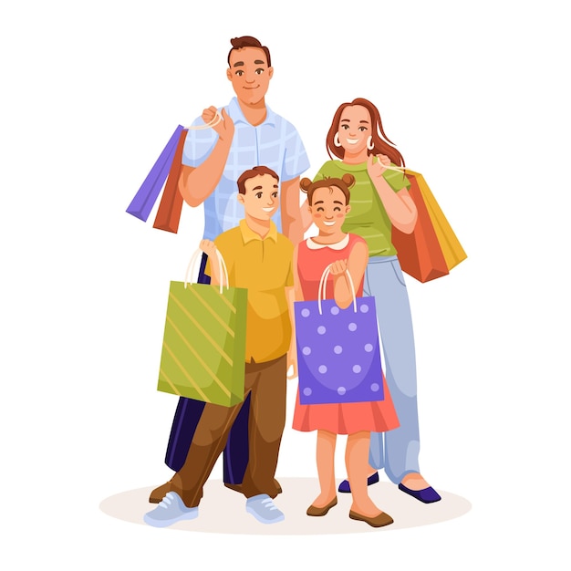 Personas familiares felices después de las compras aisladas en fondo blanco Padres con hijos hija e hijo abrazan el amor Padre y madre sonrientes Relación de felicidad Ilustración de vector plano