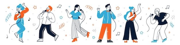 Personas felices cantando una canción con micrófonos