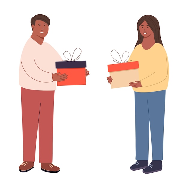 Personas felices Se dan regalos Una mujer le da un regalo a un hombre El chico le da un regalo a la chica Sorpresa navideña Celebrando la caridad navideña Parejas dando y sosteniendo regalos
