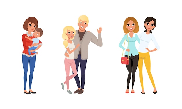 Personas felices de pie juntas y abrazándose Set Parejas románticas Mejores amigas Mamá y Niño abrazándose con caras sonrientes Ilustración vectorial de dibujos animados