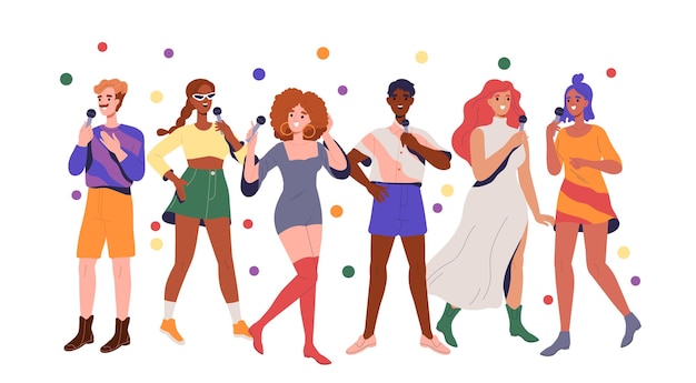 Personas en una fiesta de karaoke Hombres y mujeres con confeti colorido y micrófonos Elemento gráfico para el sitio web Cantantes y bailarines Ilustración vectorial plana de dibujos animados aislada sobre fondo blanco