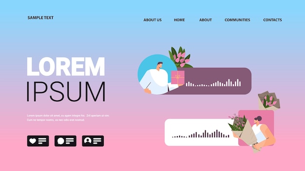 personas con flores y regalos comunicándose en mensajeros instantáneos por mensajes de voz 8 de marzo celebración del día internacional de la mujer chat de audio comunicación en línea retrato horizontal vector ilustración