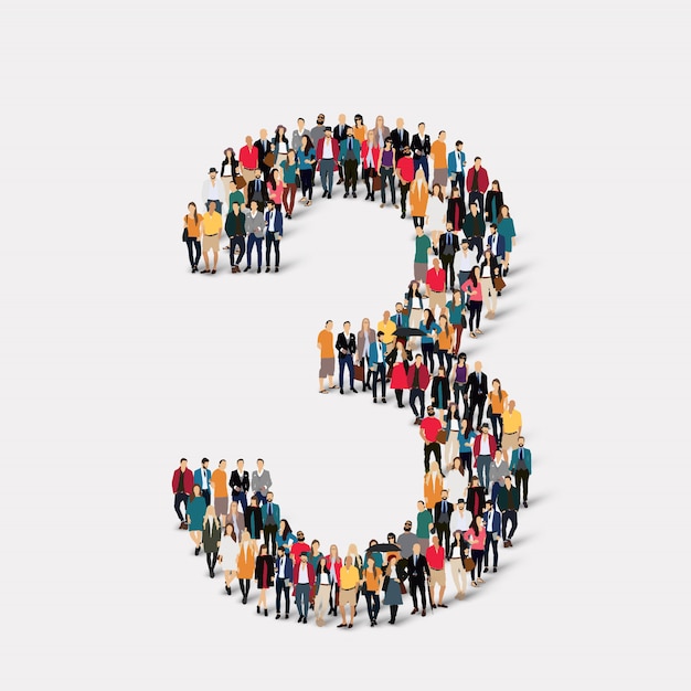 Las personas forman el número tres. Grupo de puntos de multitud que forma una forma predeterminada.
