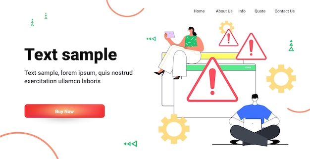 Personas frustradas que reaccionan al peligro signos de exclamación problema ataque cibernético piratería señal de advertencia alerta de estafa