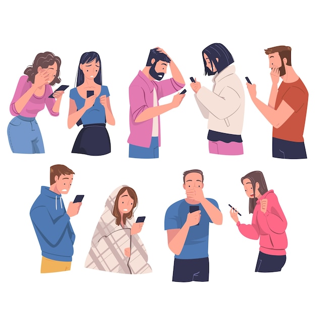 Personas con gadgets que leen contenido de choque o un conjunto de vectores de noticias
