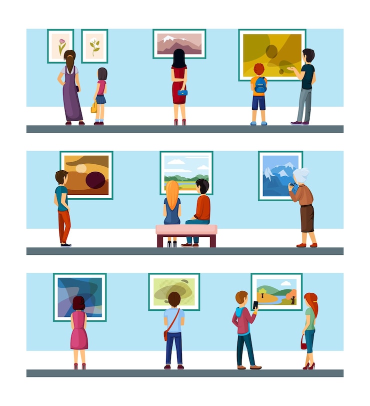 Vector personas en la galería de arte en busca de pinturas. exposición de personajes para admirar colecciones de pintura clásica y contemporánea, artistas y paisajistas en diseños modernos. exposición de dibujos animados de vector.