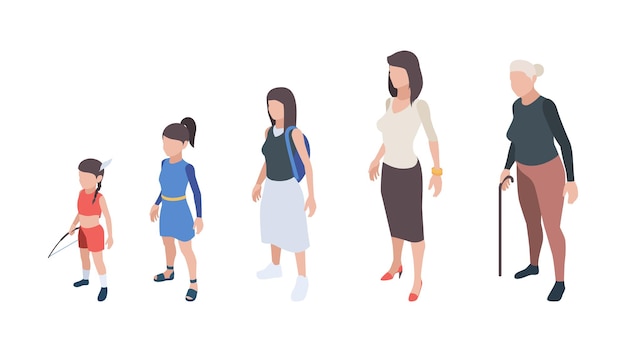 Personas de generaciones. Personajes de niño, niña, mujer, madre y abuela.