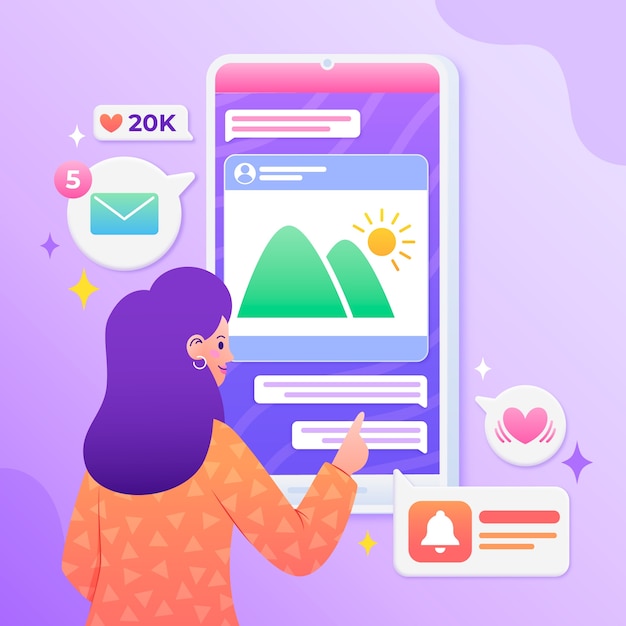 Personas con gradientes e ilustración en las redes sociales
