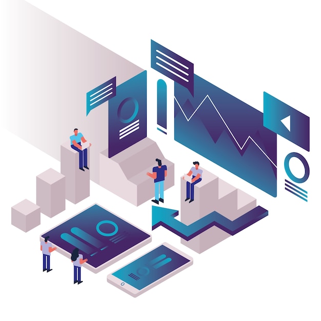 Personas y gráficos con teléfonos inteligentes e infografías, diseño de ilustraciones vectoriales