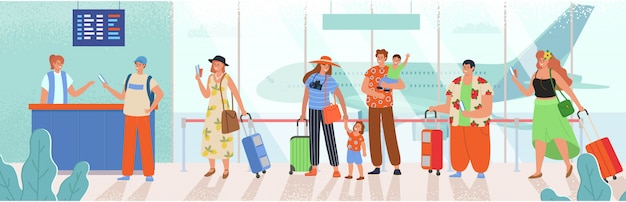 Personas haciendo cola en la recepción. Hombres y mujeres con equipaje esperando la salida en avión. Ilustración de dibujos animados con estilo.