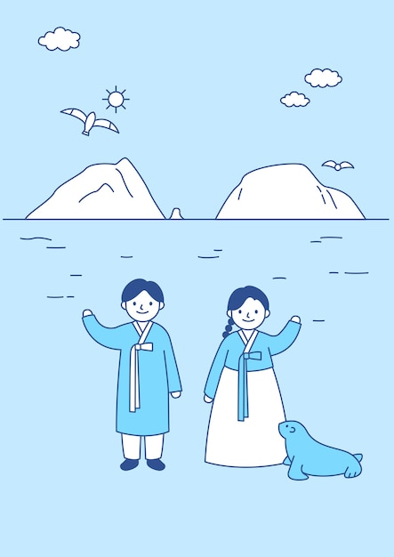 Personas en hanbok con Dokdo Korea al fondo