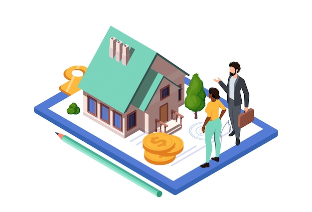 Personas con hipoteca Hombre y mujer hacen un acuerdo para comprar una casa Trata con bienes raíces y propiedades privadas Crédito y préstamo Ilustración vectorial 3D